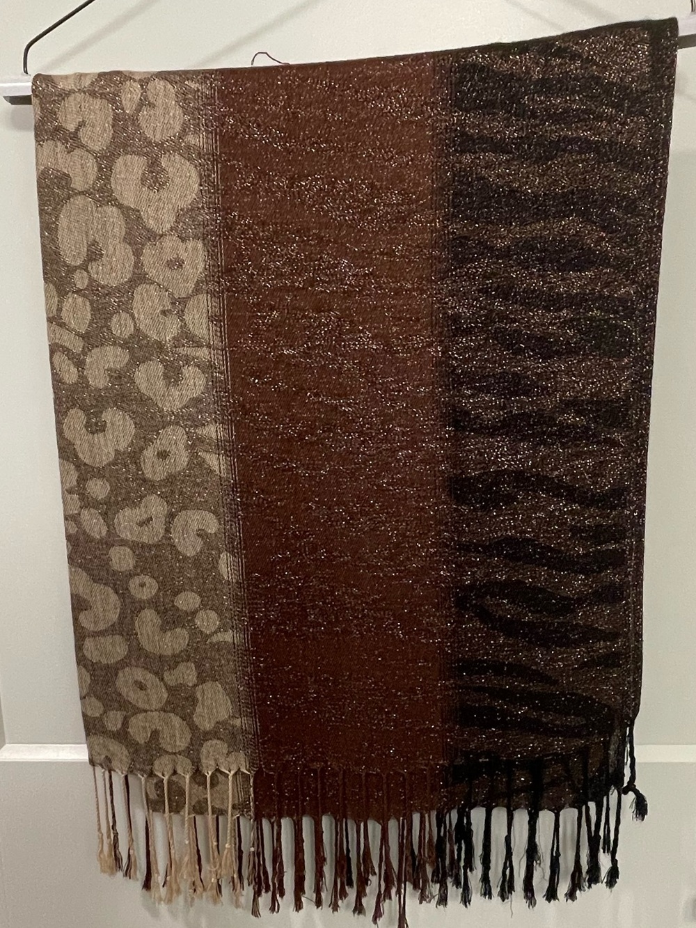 EUC Versatile Brown Patterned Fringe Scarf with animal print & textured panels